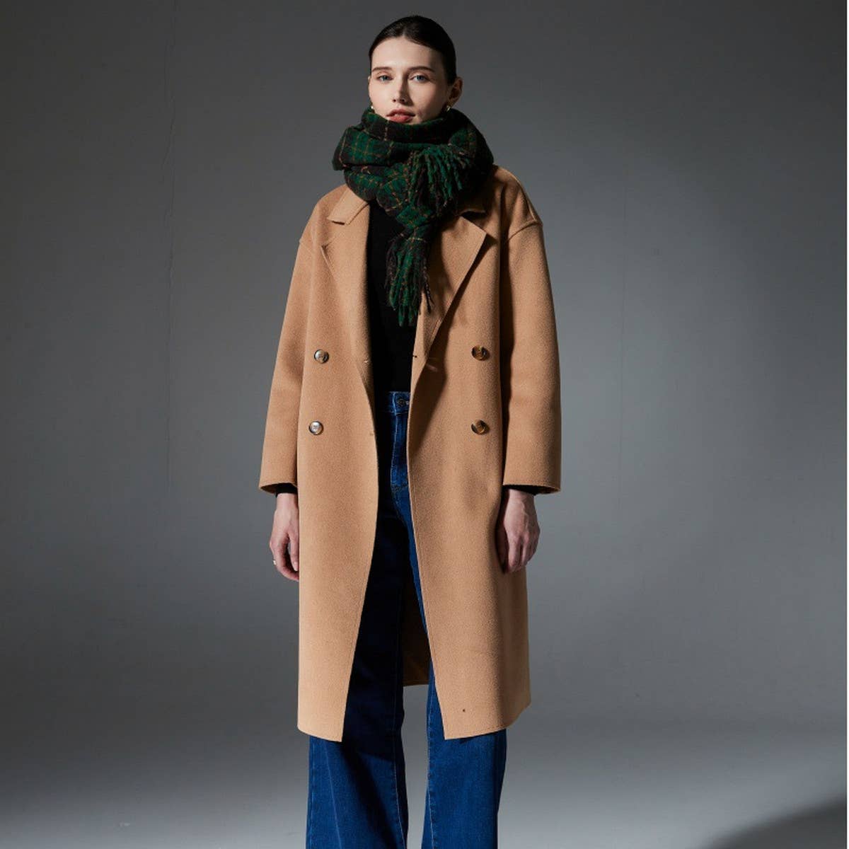 Green Plaid Fringe Scarf - Winter Wrap for Women