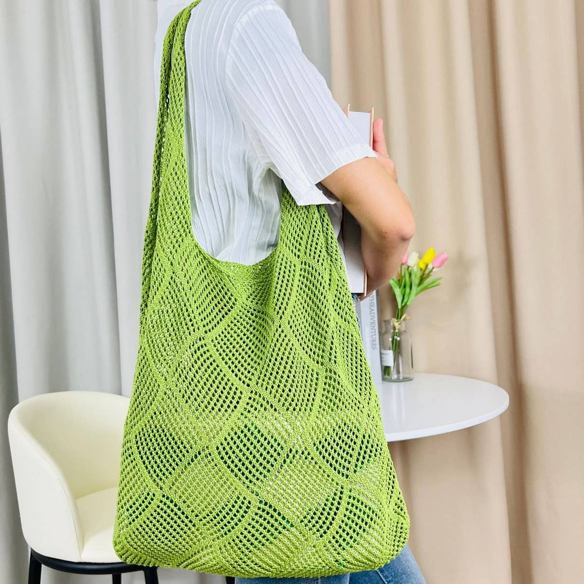 CWAB4575_SOLID KNIT HOLLOW WOVEN SHOULDER TOTE BAG