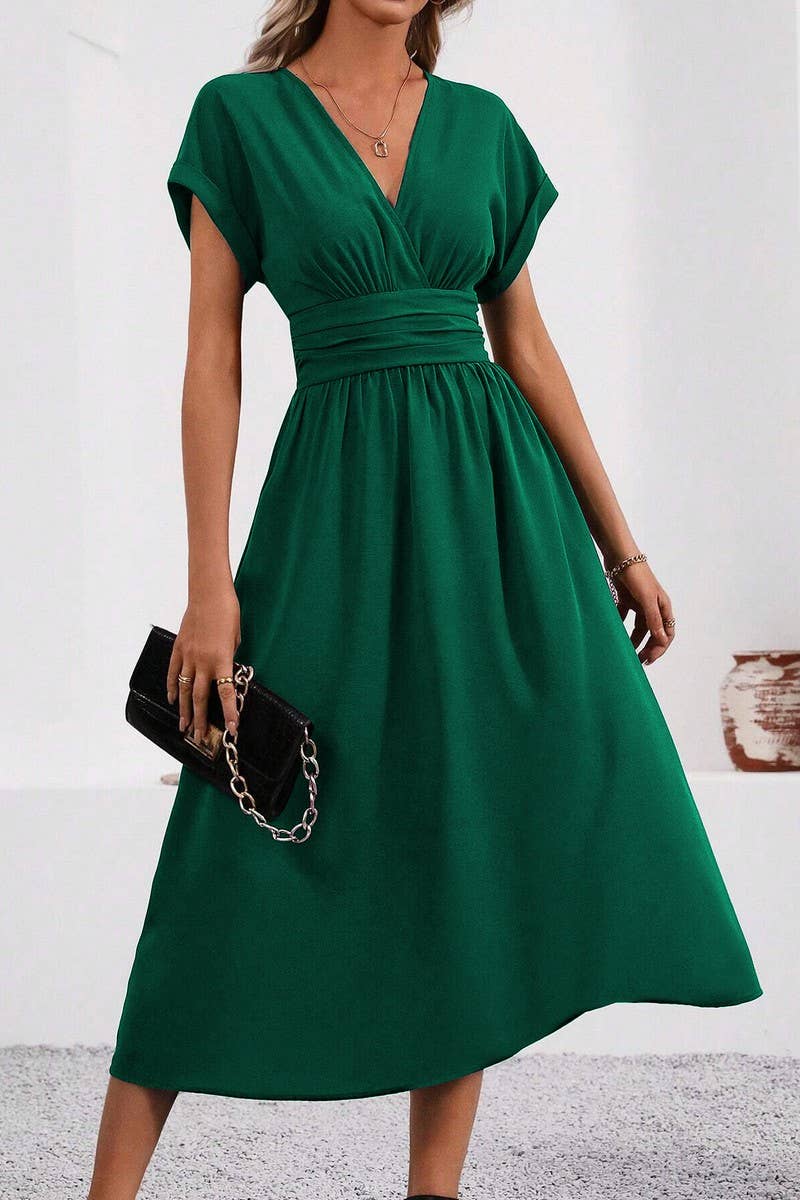 CWDMD4648_SOLID COLOR V-NECK BAT SLEEVE LONG DRESS