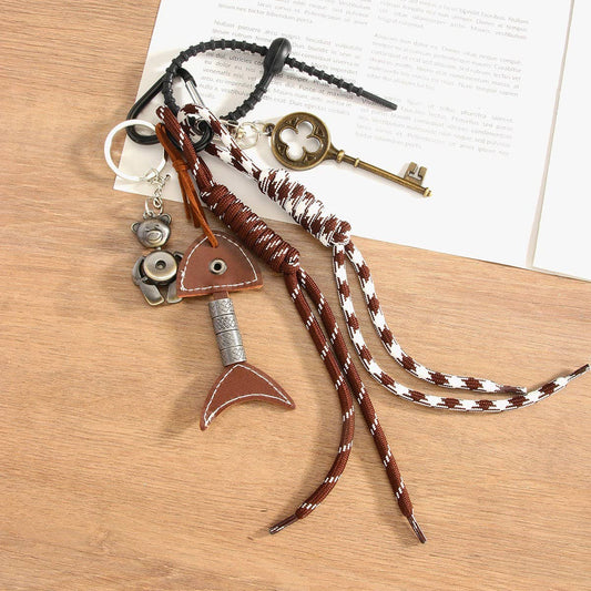 Vintage Leather Fishbone Bear Keychain Charm