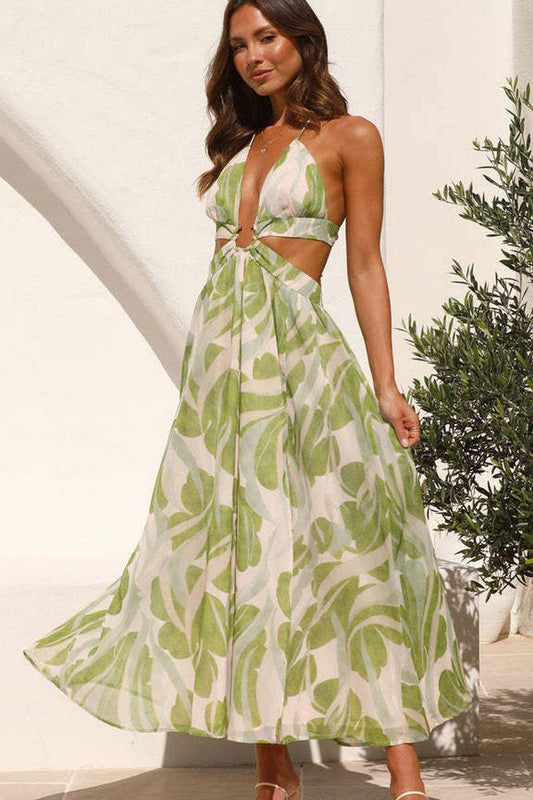 CWDMD5681_V-NECK HALTER BACK TIE PRINT LONG DRESS