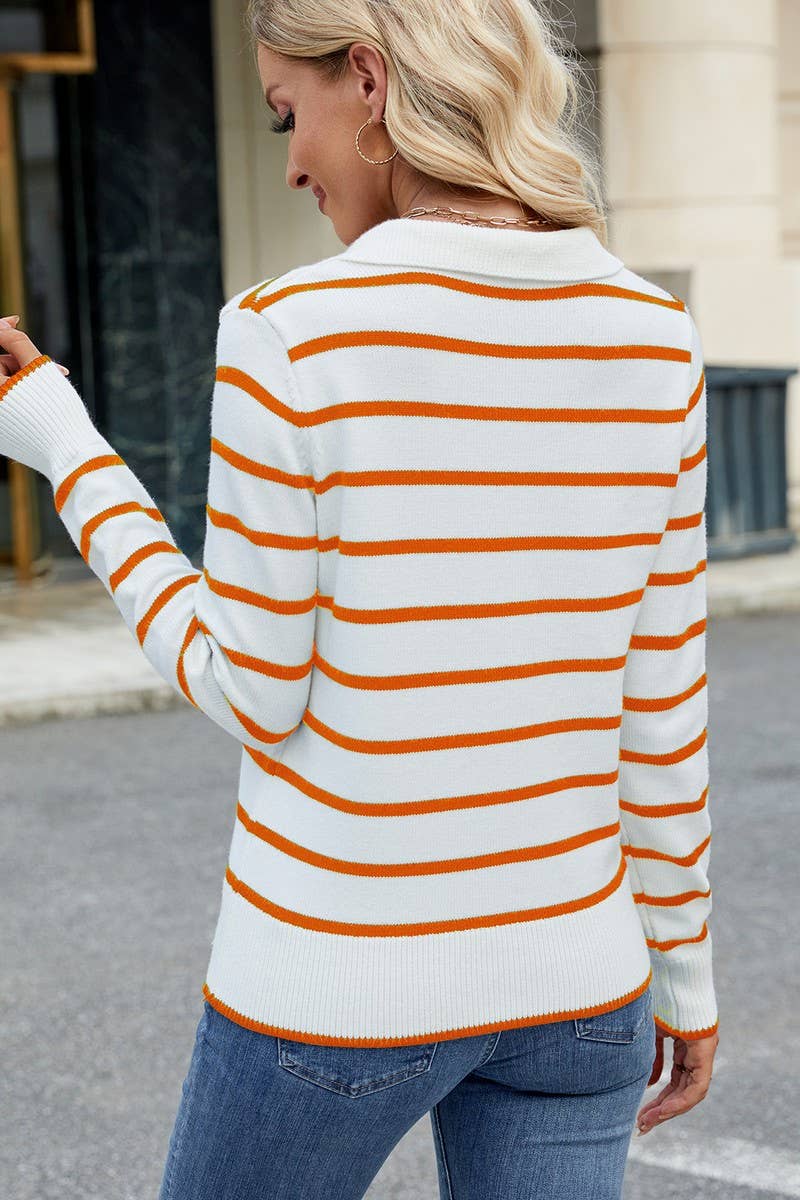 CWOSWL07719_CASUAL STRIPED LAPEL KNITTED LONG-SLEEVED TOP