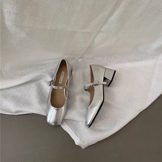 Silver Square Toe Chunky Heel Mary Jane Shoes