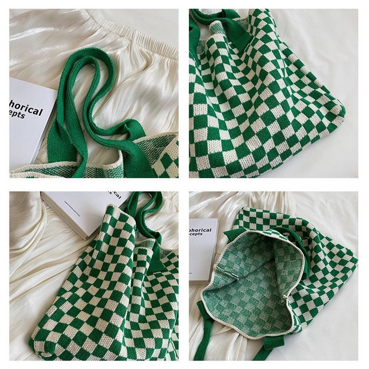 CWAB1950_PLAID PATTERN KNITTED TOTE BAG
