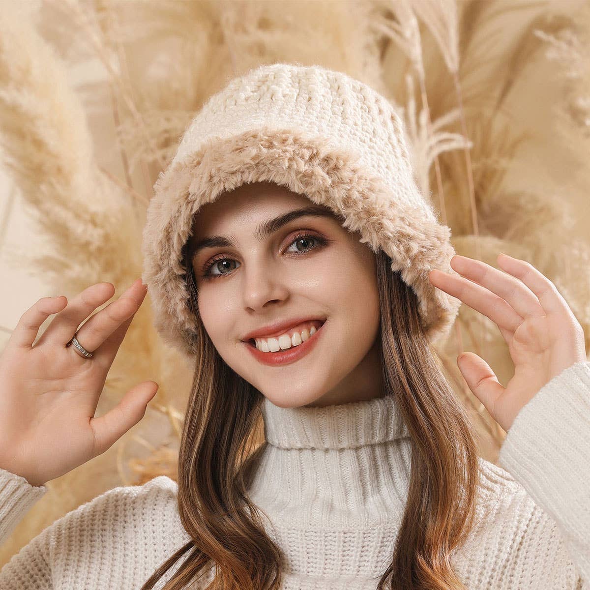 PLUSH-FUZZY KNIT BUCKET HAT WITH EAR COVERAGE_CWAH1979