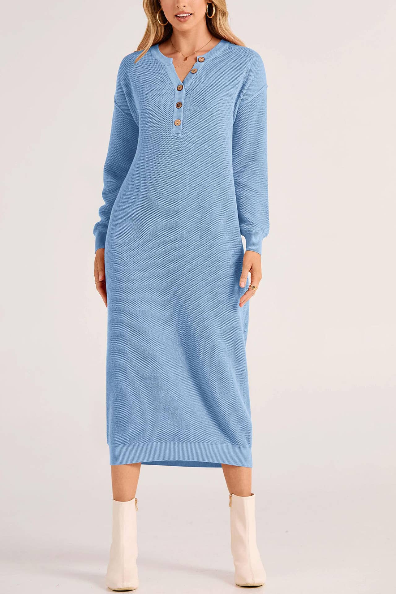 LONG-SLEEVED BUTTON-DOWN V-NECK SWEATER DRESS
