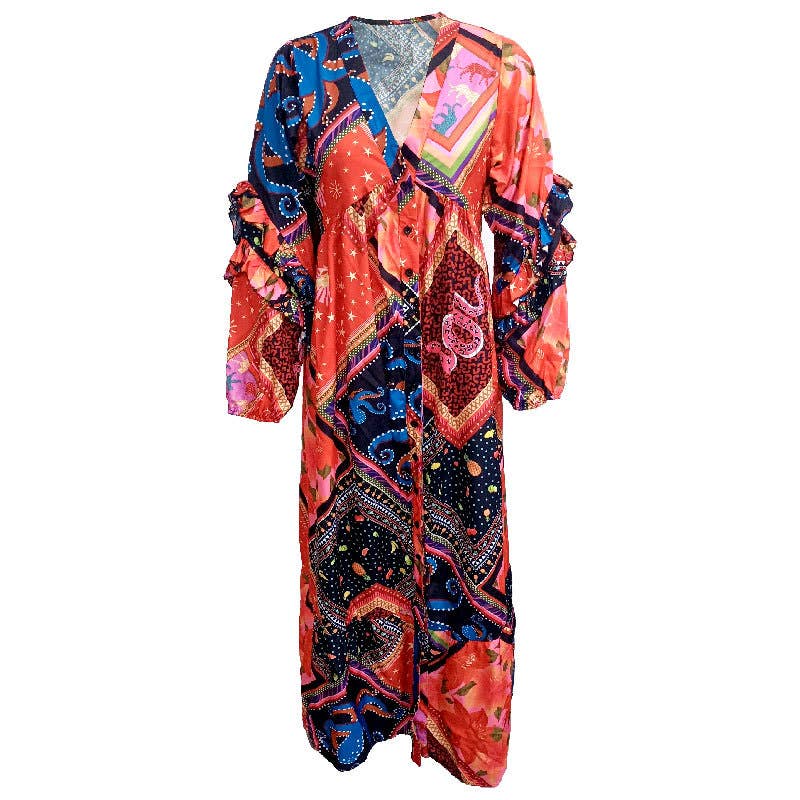 V-neck long-sleeved Bohemian-style long dress