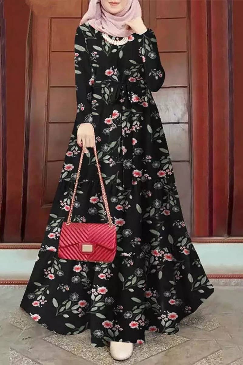 CWDMD3273_PRINTED TIE-NECK MUSLIM DRESS