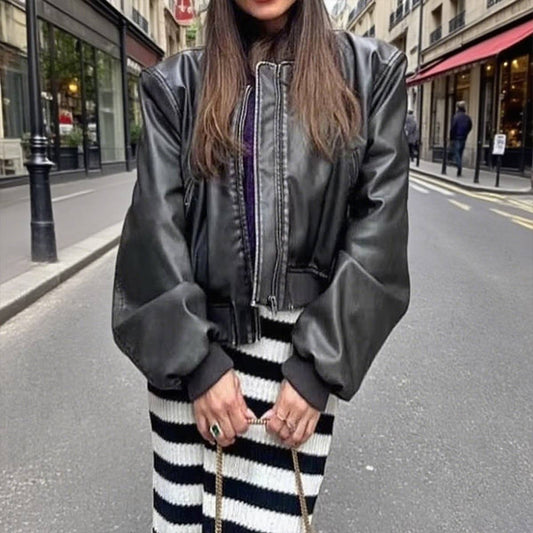 Stand-up collar motorcycle pilot leather jacket