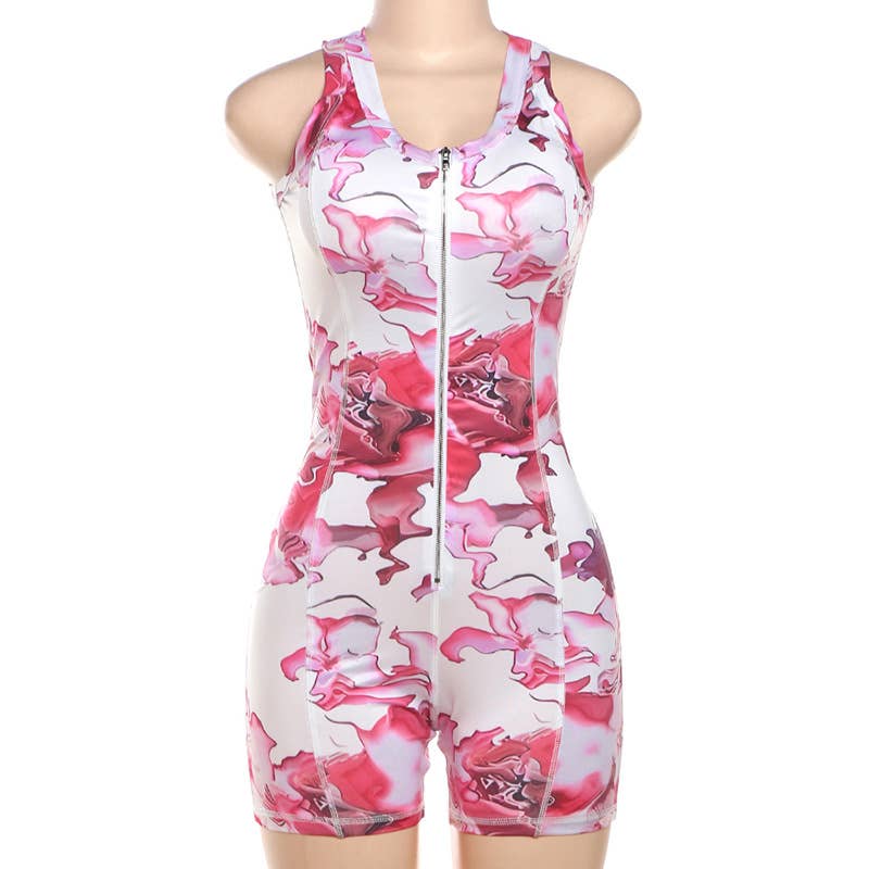 VINTAGE PRINT ZIPPER DESIGN SLEEVELESS BODYSUIT
