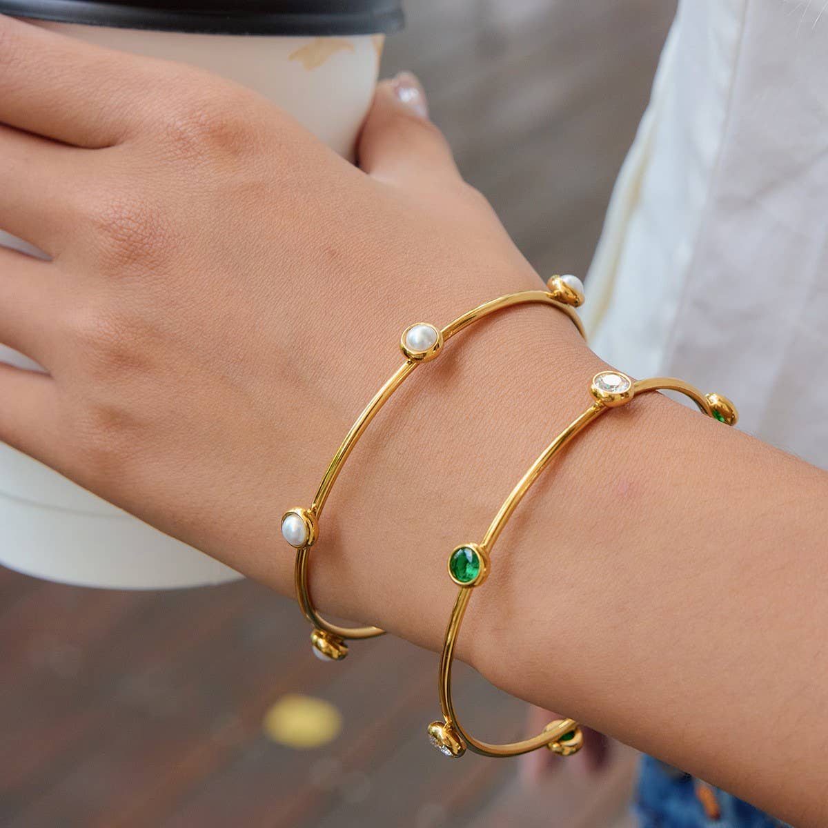 Classic 18K Gold Pearl Bangle, Stainless Steel