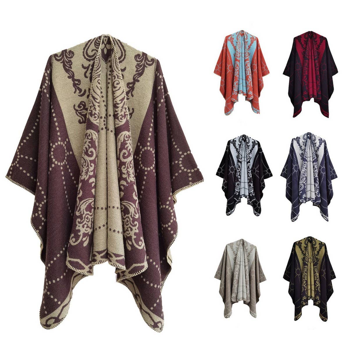 WOMEN COLOR BLOCK SHAWL WRAP OPEN FRONT PONCHO