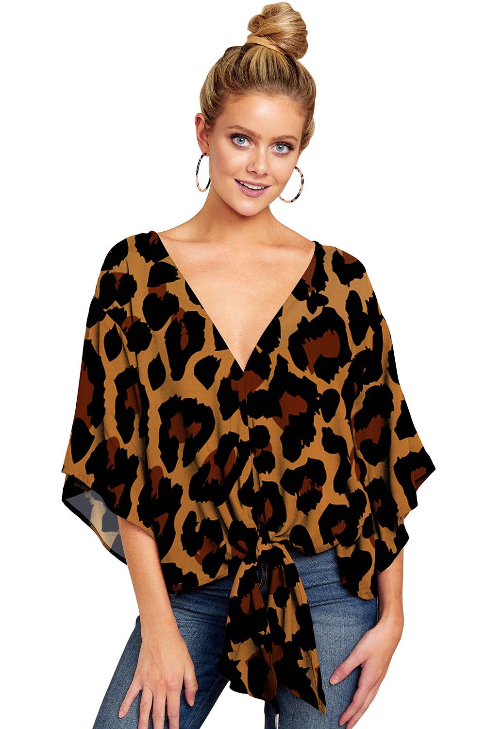 V-neck knotted printed loose sleeved top