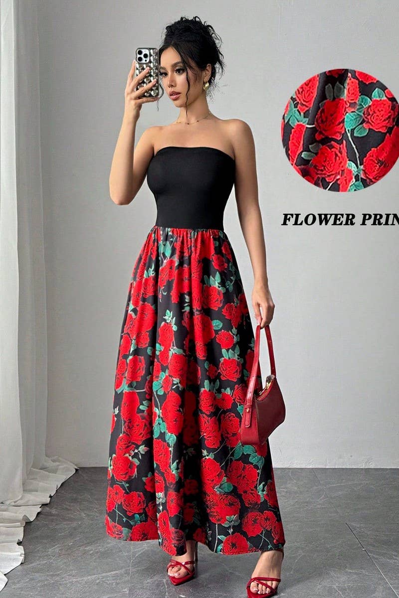 CWDMD5750_ROSE PRINT PATCHWORK STRAPLESS MAXI DRESS