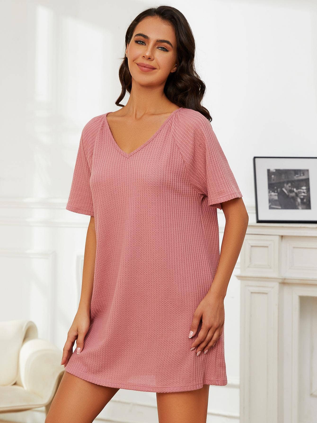 WAFFLE V-NECK SHORT-SLEEVED NIGHTDRESS
