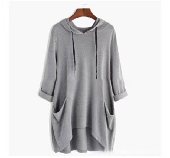 HOODED SOLID COLOR BAGGY IRREGULAR POCKET TOP