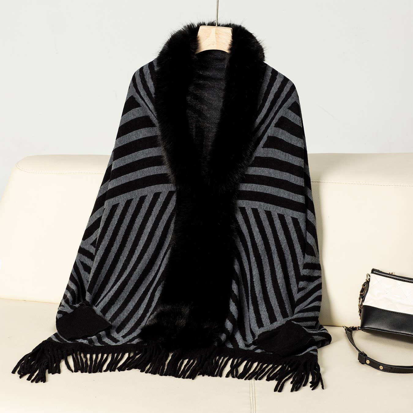 Fashion striped fringe knitted shawl cape
