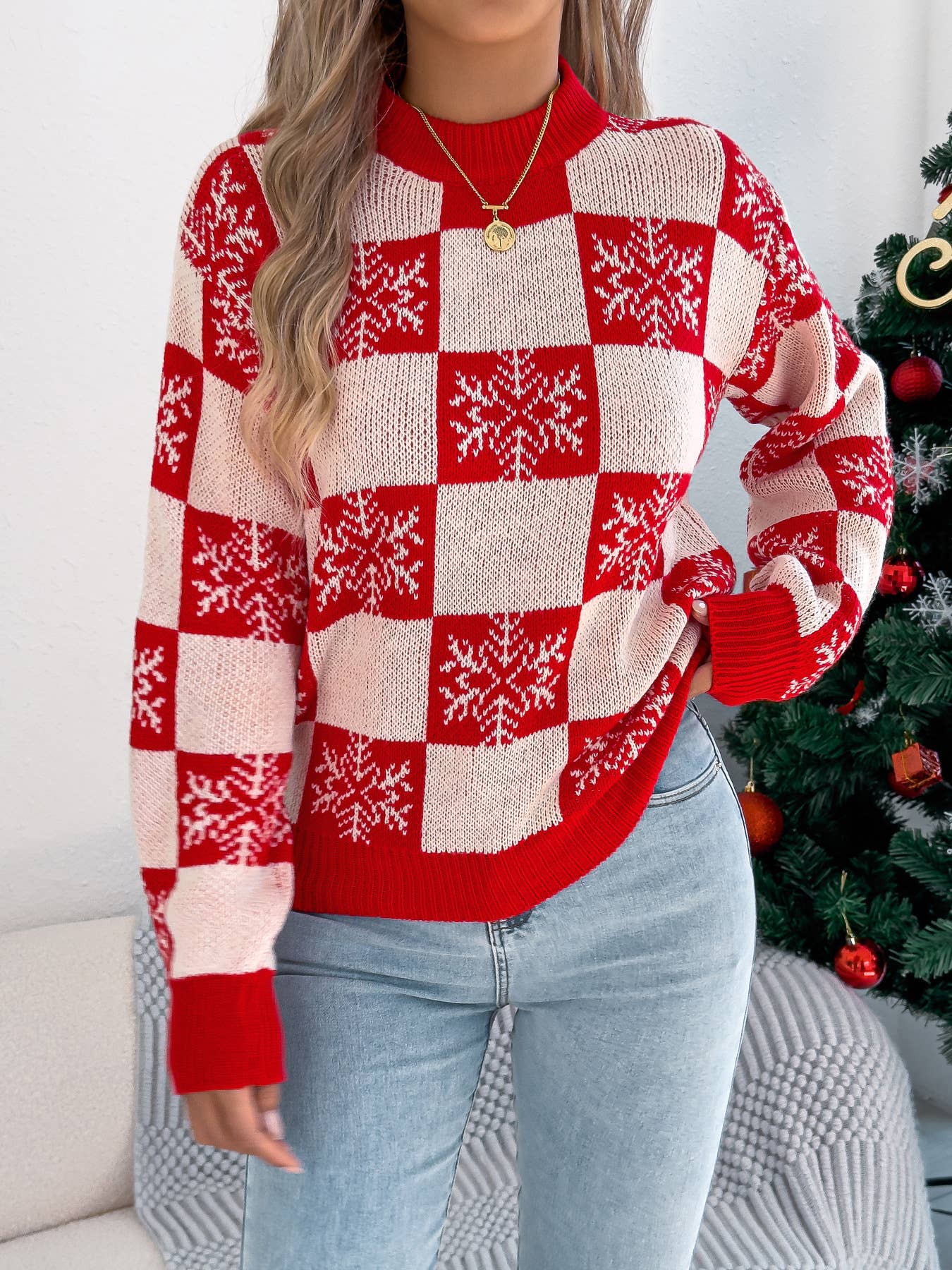 Snowflake checkered lantern long-sleeved sweater