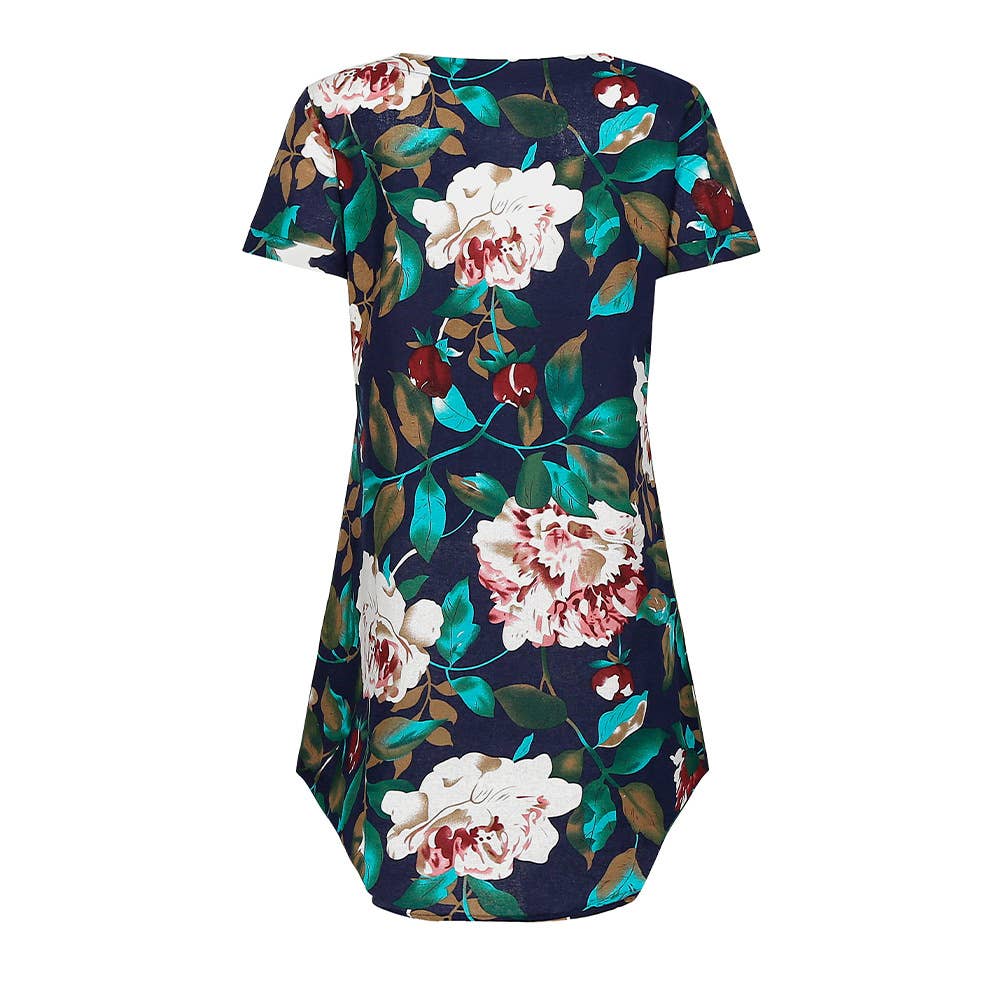 SHORT SLEEVE COTTON AND LINEN FLORAL PRINT DRESS