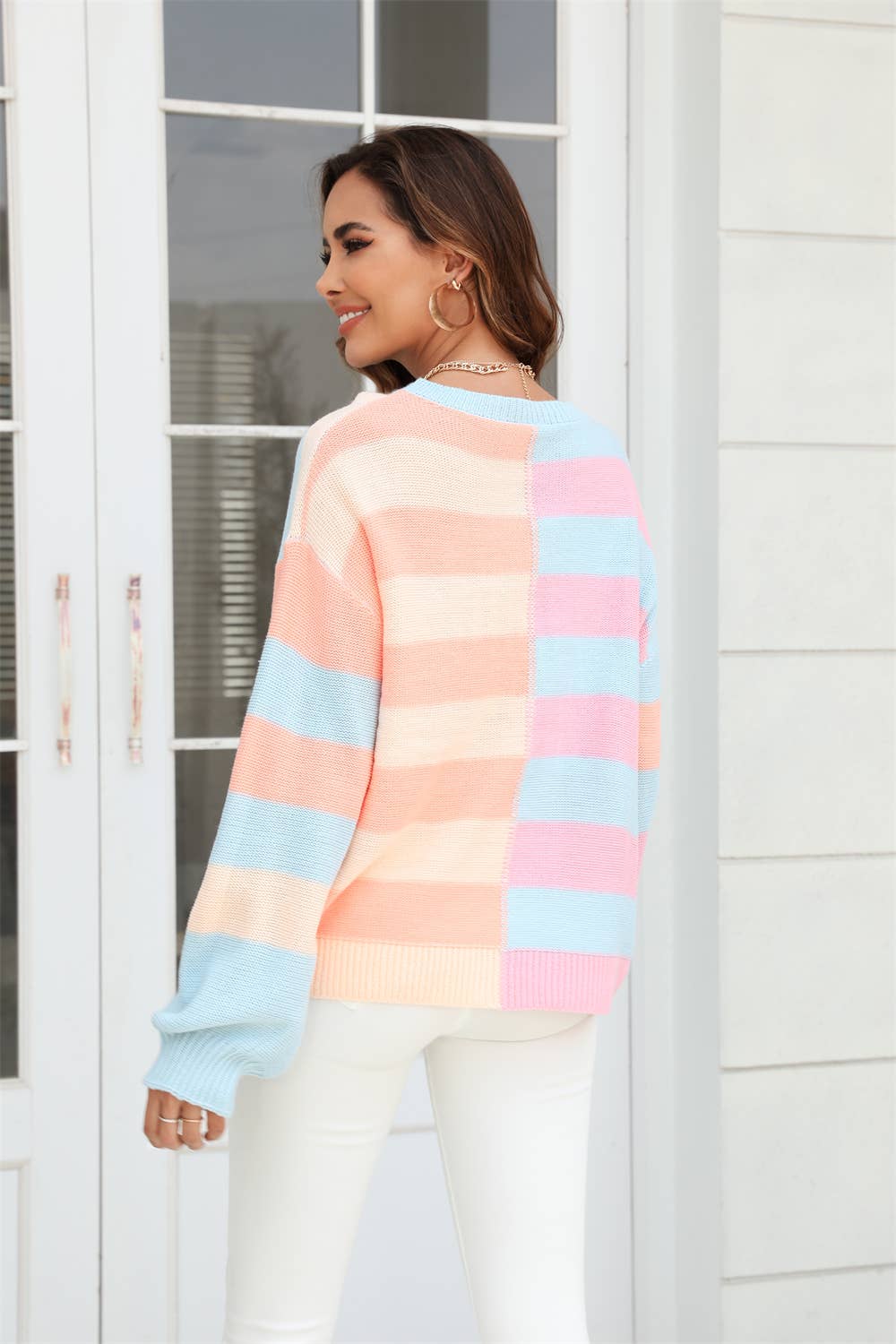 STRIPED CONTRA COLOR CREW NECK SWEATER PULLOVER