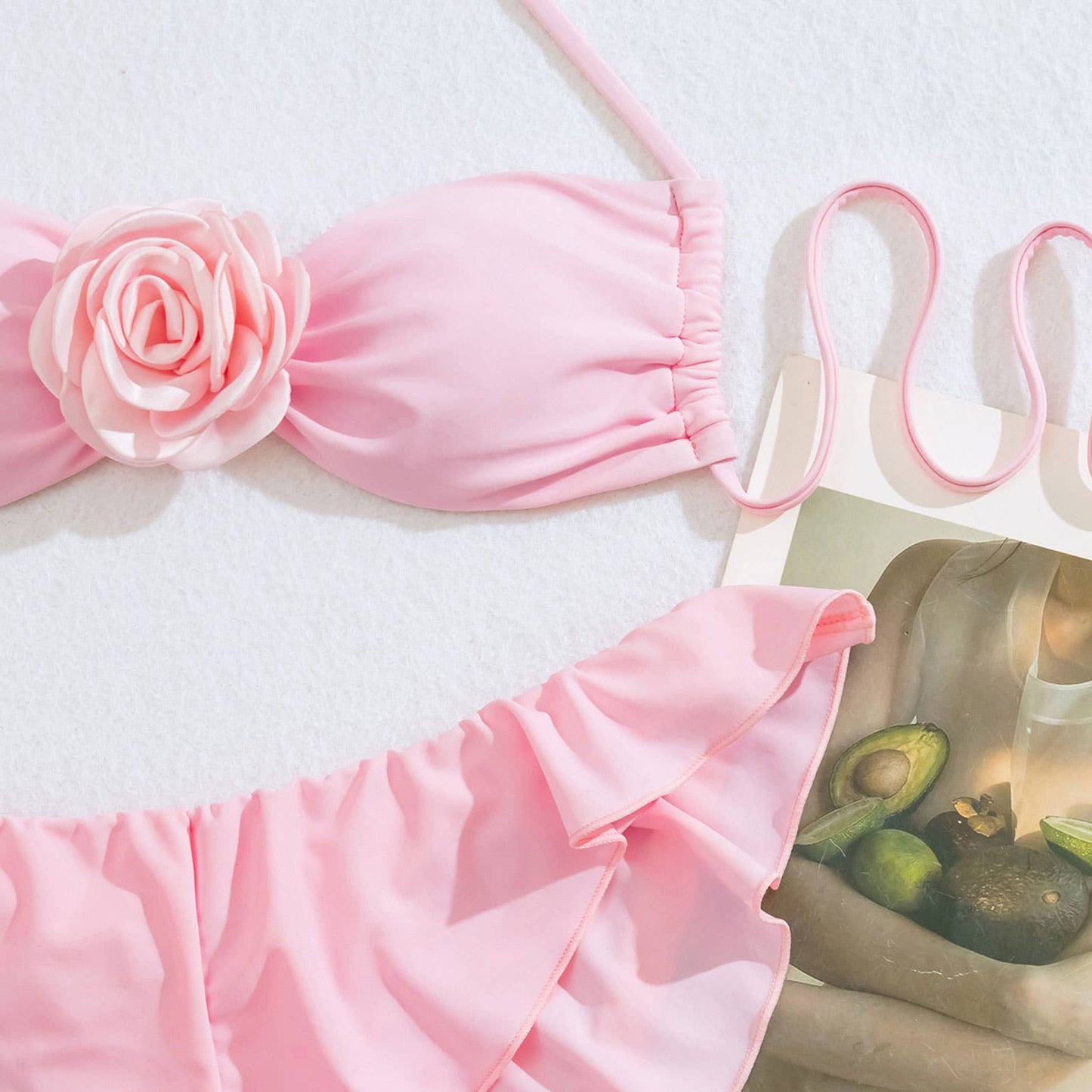 Women's 3D Floral Bikini Set - Pink Nylon Swimsuit