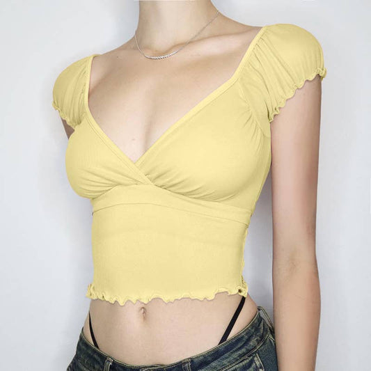 Hubble-bubble sleeve edge short sleeve T-shirt