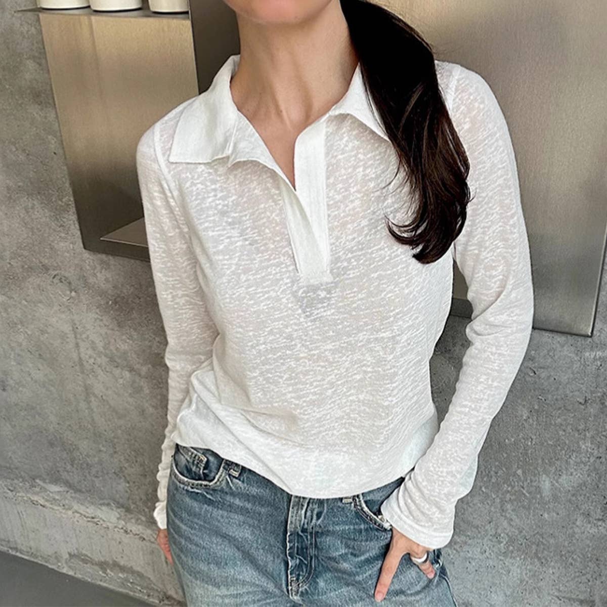 Slim fit long sleeve knit polo shirt