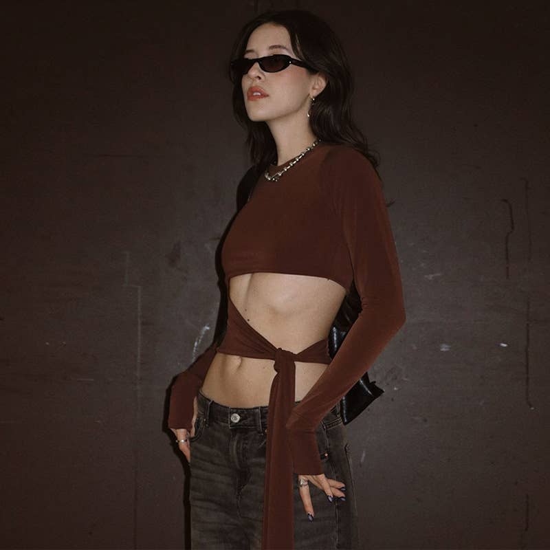 Fashionable long-sleeved round-neck lace-up top