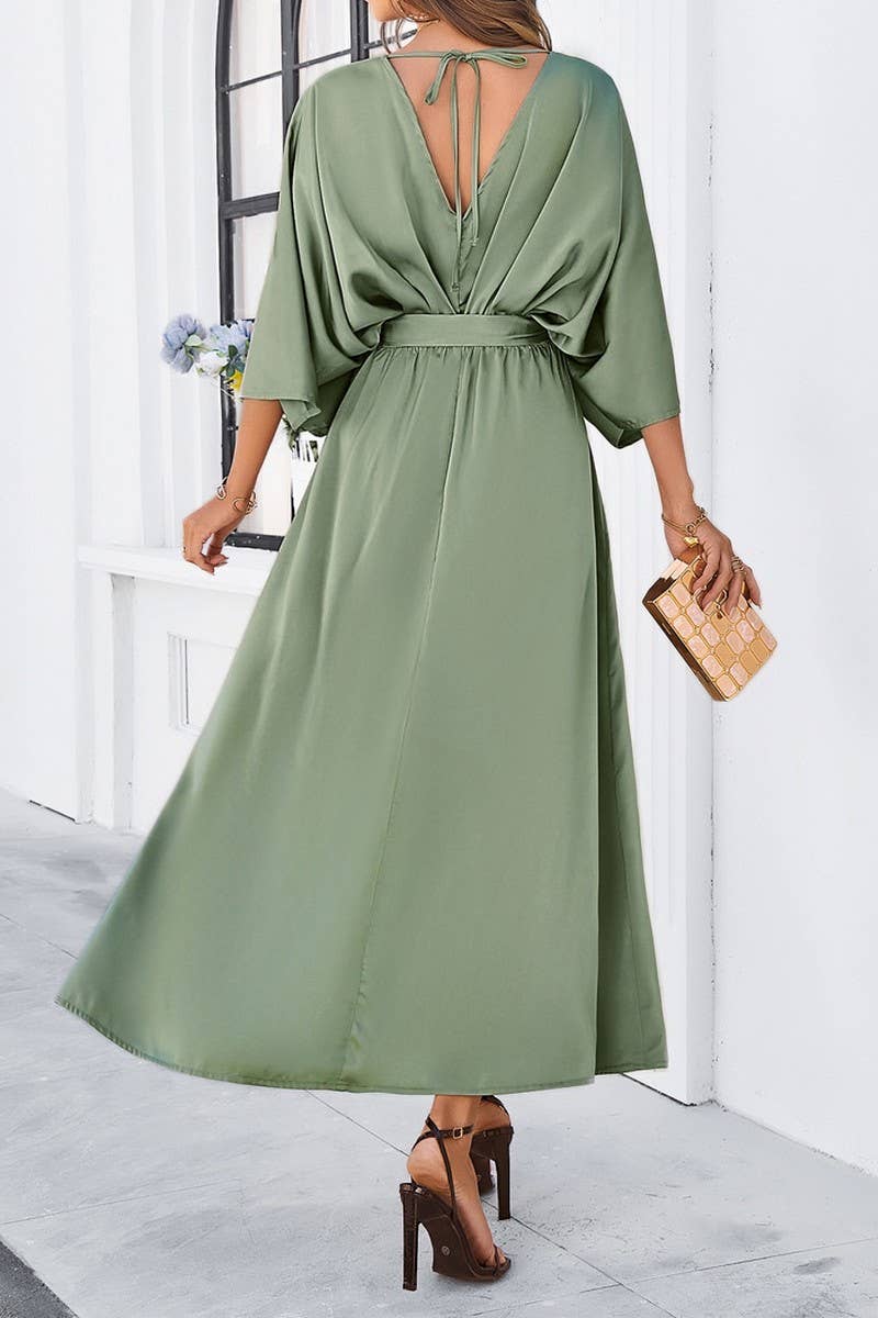 CWDMD1334_V-Neck 3/4 Sleeve With Belt Maxi Dresses