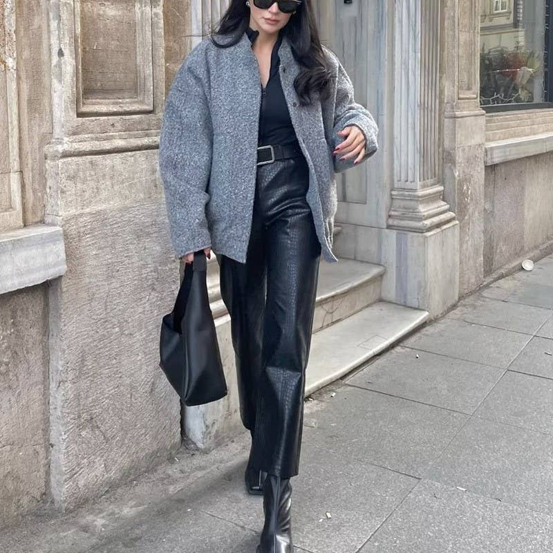 SOLID COLOR STAND COLLAR SINGLE BREASTED COAT