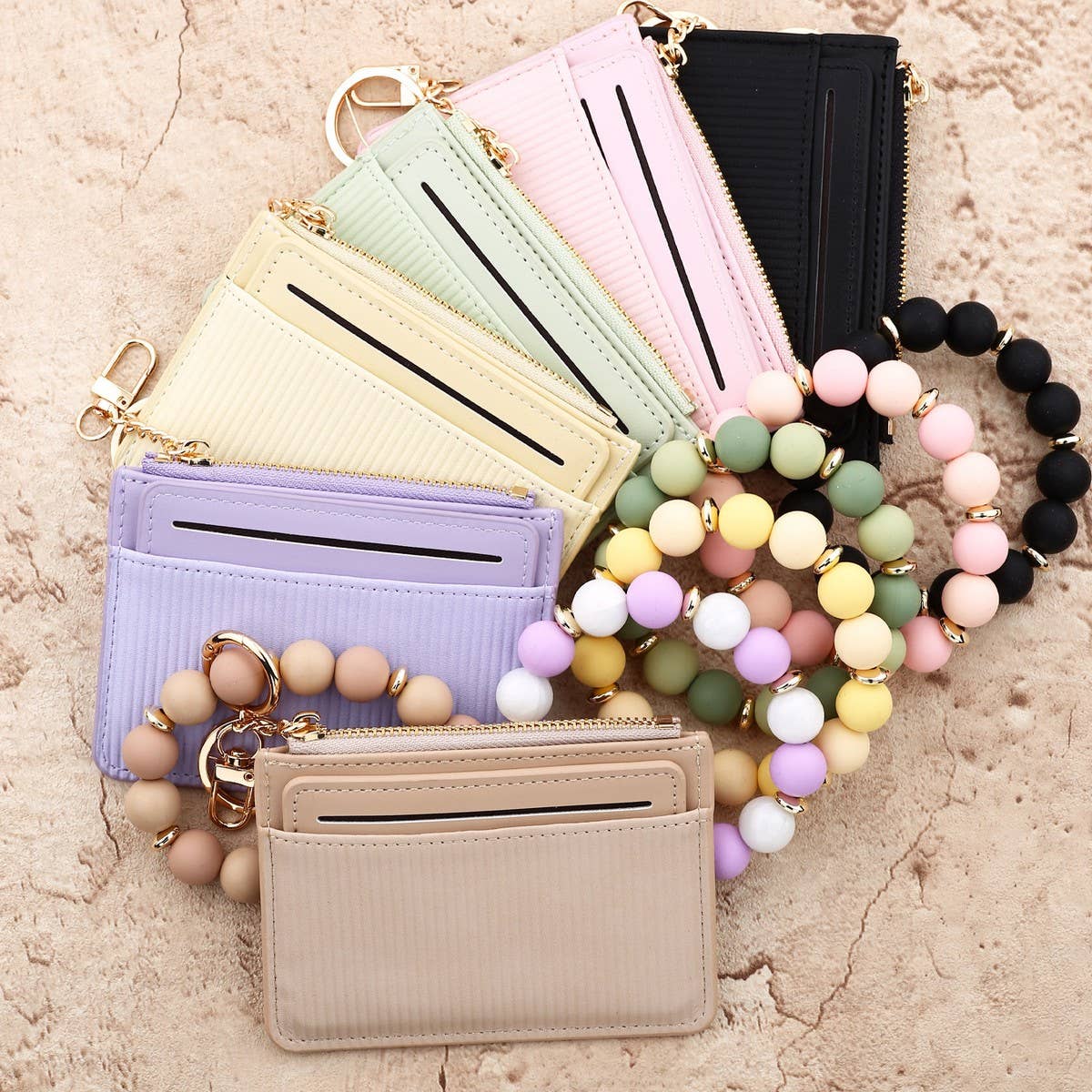 Pink Card Holder Wallet with Beaded Keychain_CWAB4950