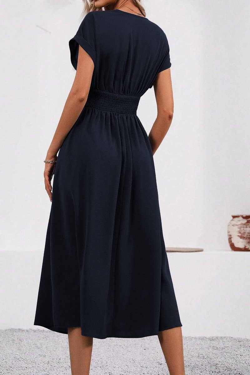 CWDMD4648_SOLID COLOR V-NECK BAT SLEEVE LONG DRESS