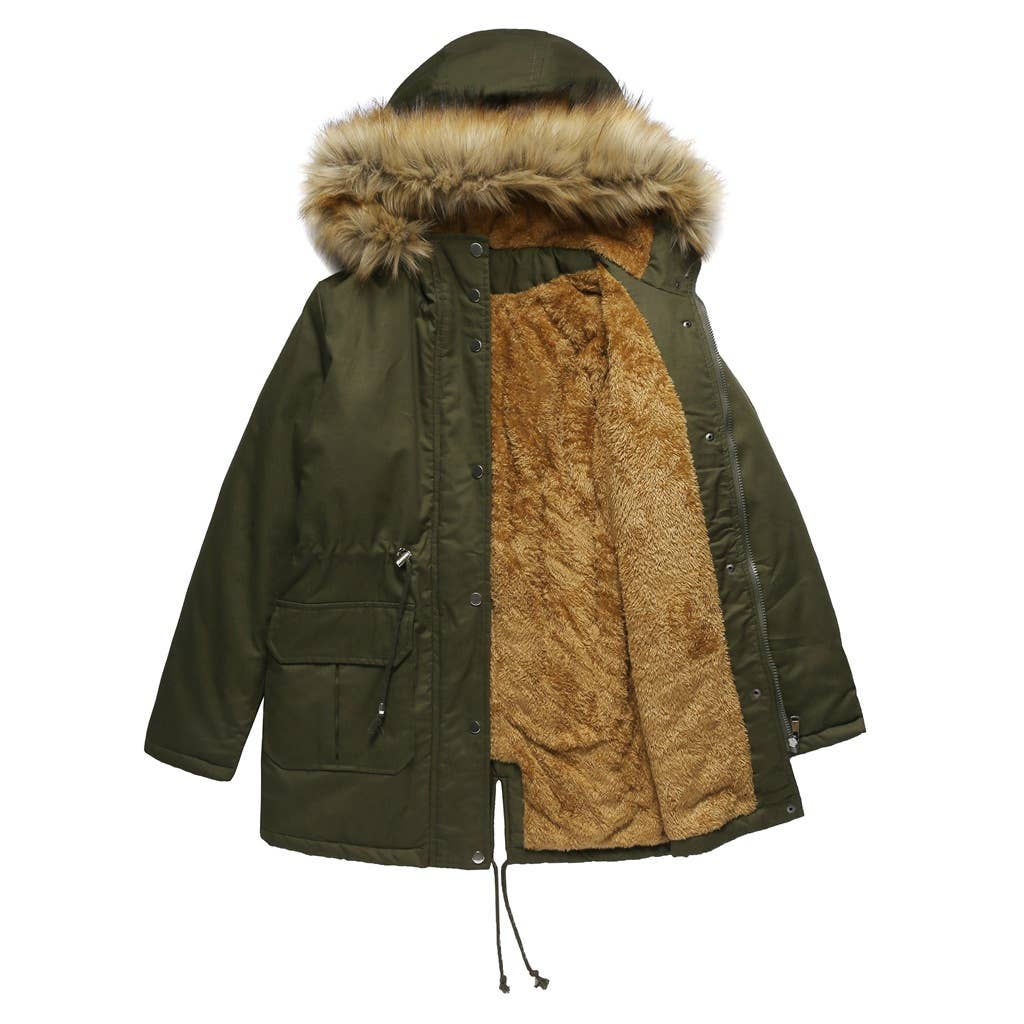 HOODED FUR COLLAR AND FLEECE PADDED JACKET