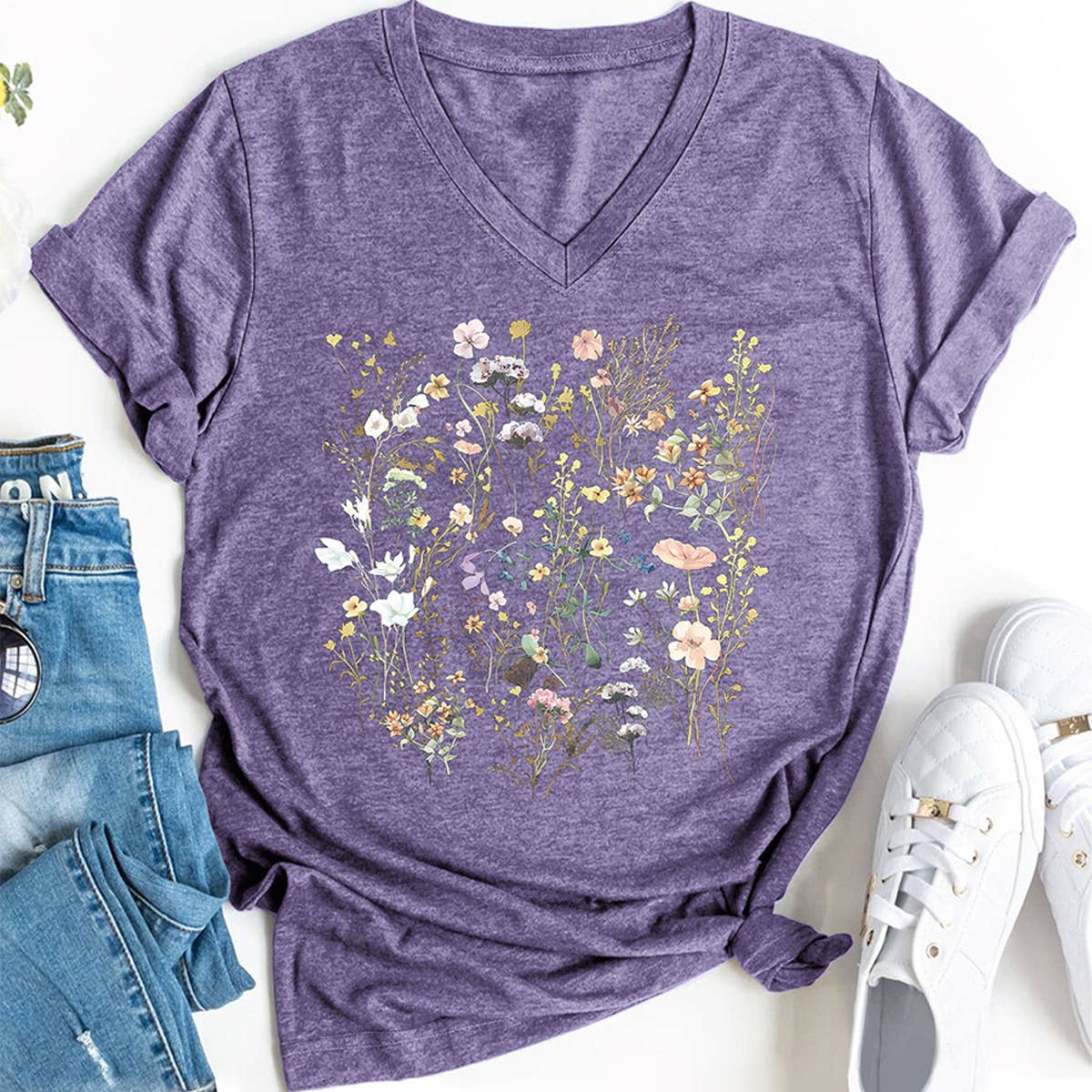 Floral V-Neck Graphic Tee for Women, Loose Fit