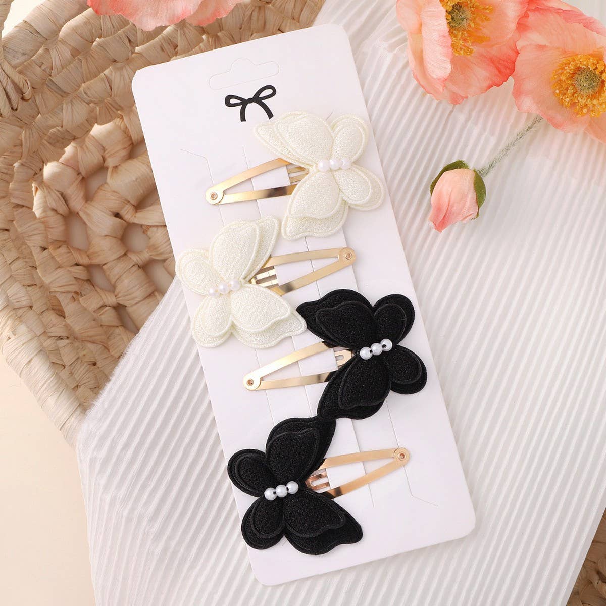 Double-Layer Pearl Bow Hair Clip Set for Kids
