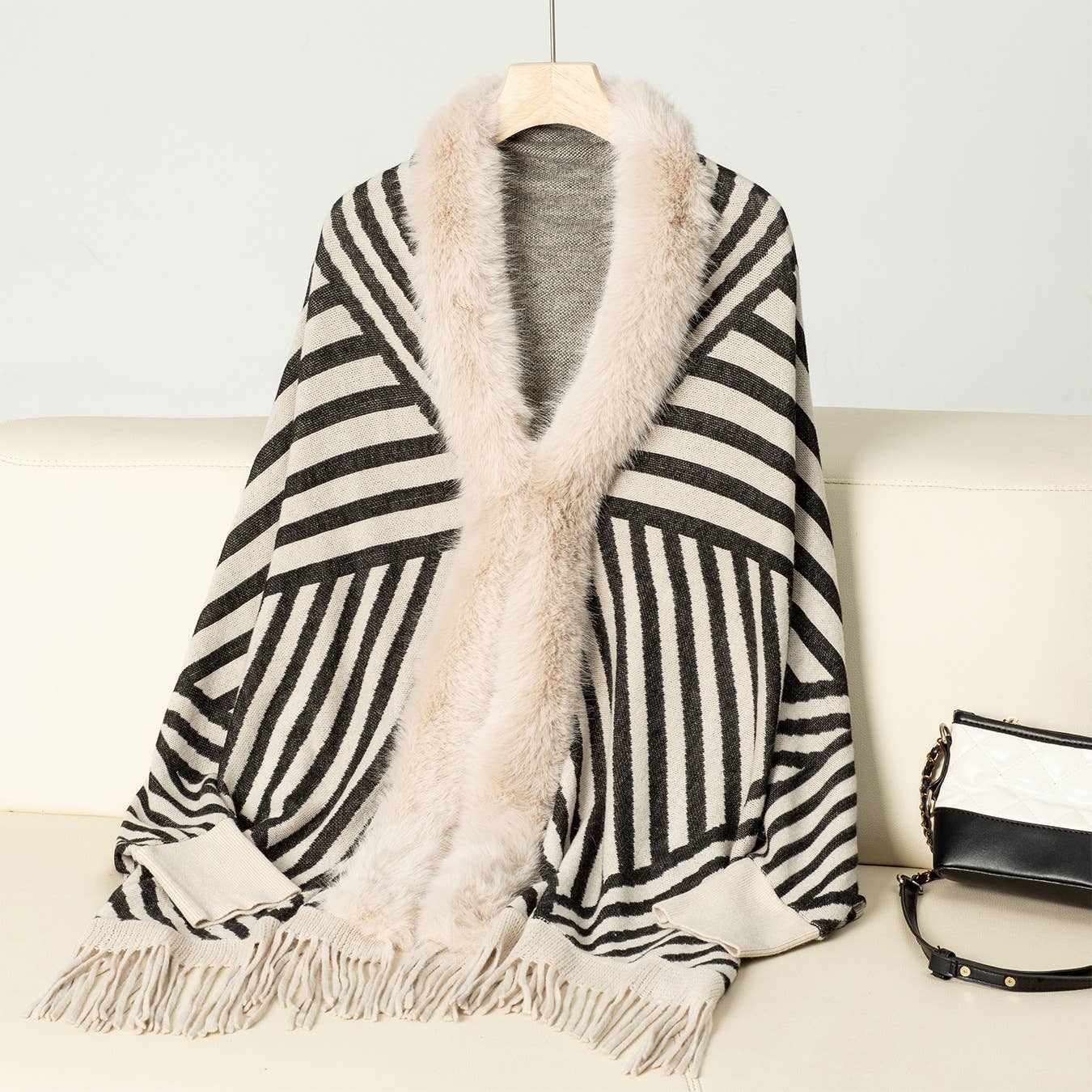 Fashion striped fringe knitted shawl cape