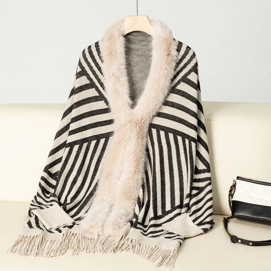 Fashion striped fringe knitted shawl cape