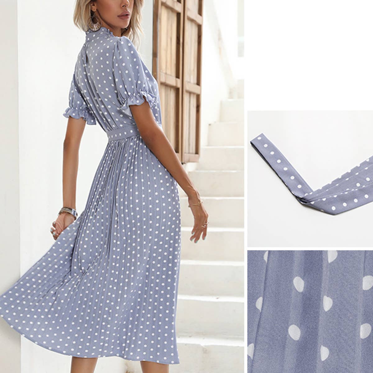 Polka dot lace-up pleated dress