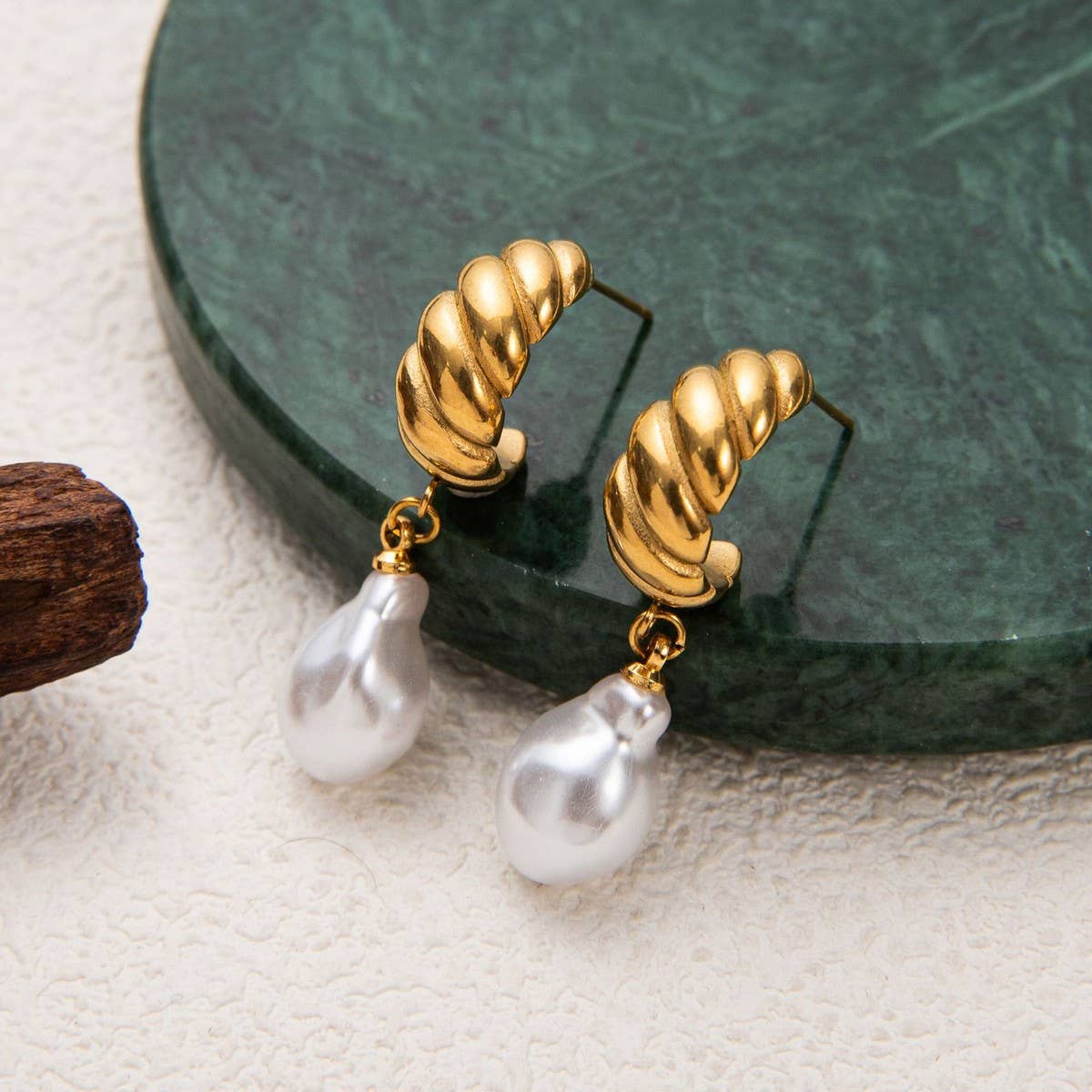 Minimalist Irregular Pearl Earrings 18K Gold Steel