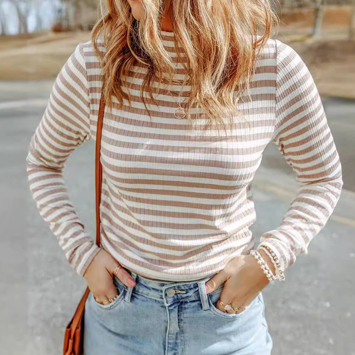 Semi-turtleneck striped pullover sweater for women