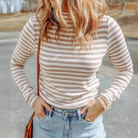 Semi-turtleneck striped pullover sweater for women