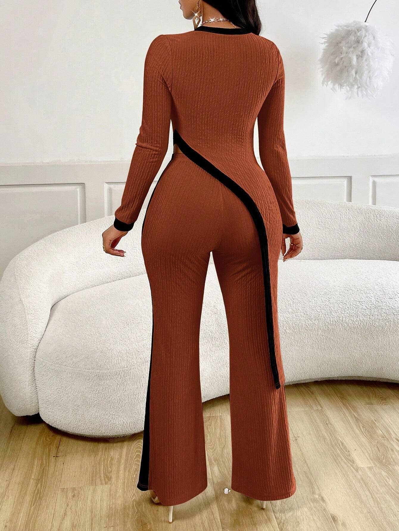 FASHION COLOR CONTRAST SHIRT PATCHWORK PANTS SUIT