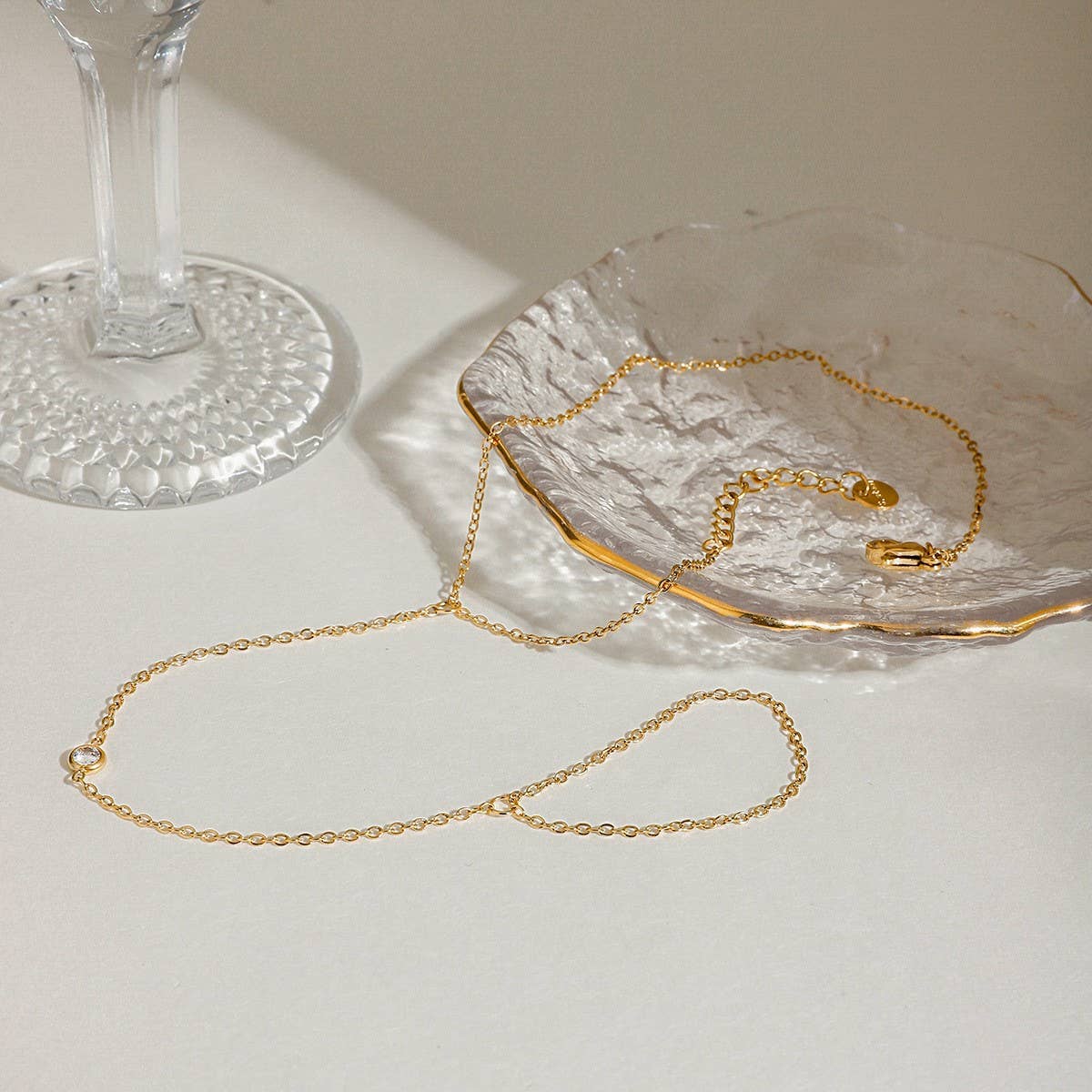 Trendy Zircon Link Ring & Anklet, 18K Gold Steel