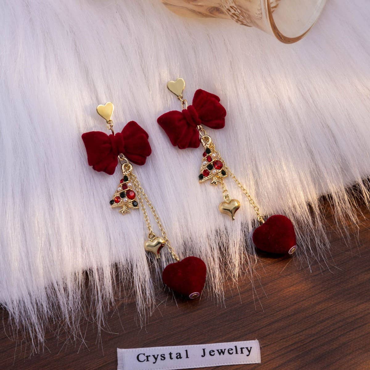 NEW BURGUNDY BOW LONG HEART EARRINGS