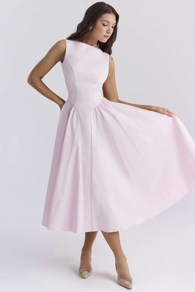 CWDMD5549_LUXURY MONOCHROME ROUND NECK BACKLESS DRESS