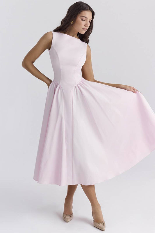 CWDMD5549_LUXURY MONOCHROME ROUND NECK BACKLESS DRESS