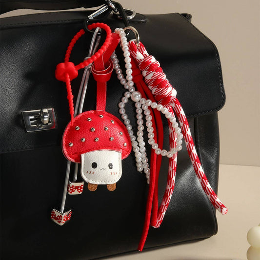 Cute Mushroom Pearl Bow Keychain Bag Charm
