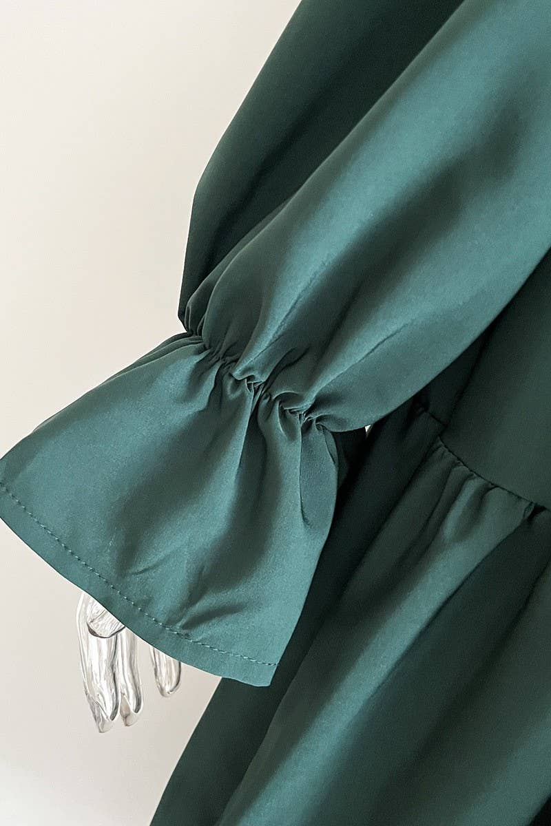 CWDMD4822_RUFFLED SQUARE NECK TRUMPET SLEEVE SWING DRESS