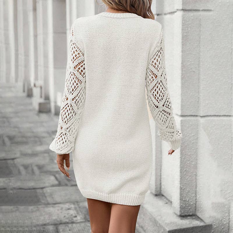 SOLID COLOR CUT-OUT V-NECK SWEATER DRESS