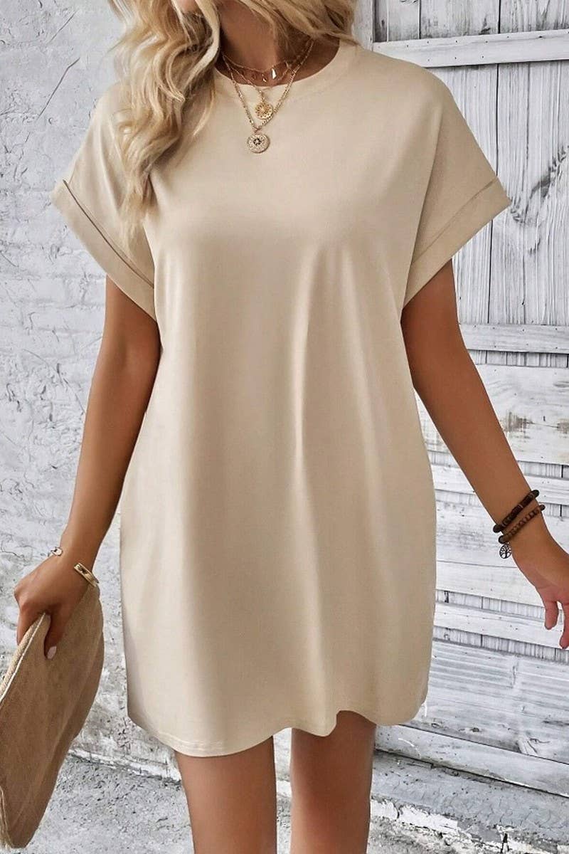 CWDSD3628_SOLID COLOR ROUND NECK LOOSE POCKET SHORT DRESS